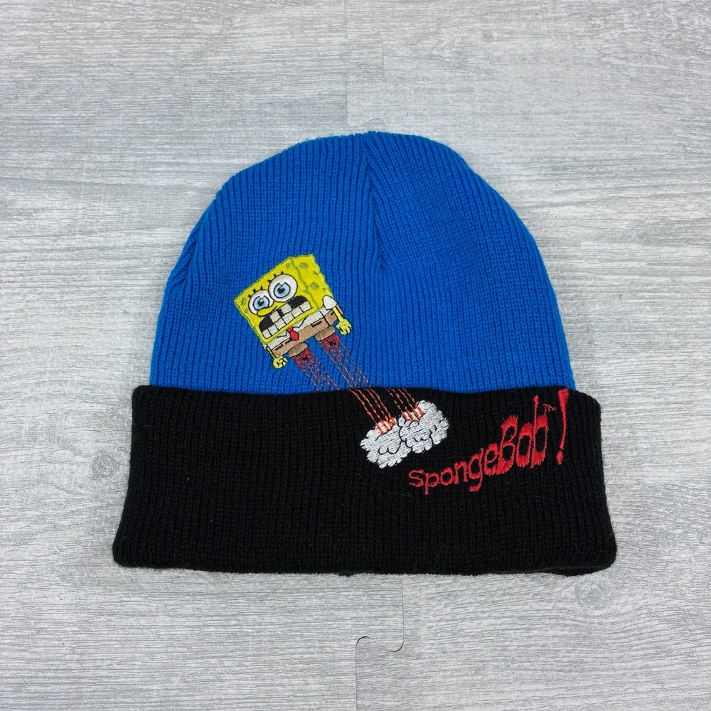 Vintage SpongeBob SquarePants Beanie Boys OS Blue Black Acrylic 2003 Hat Viacom